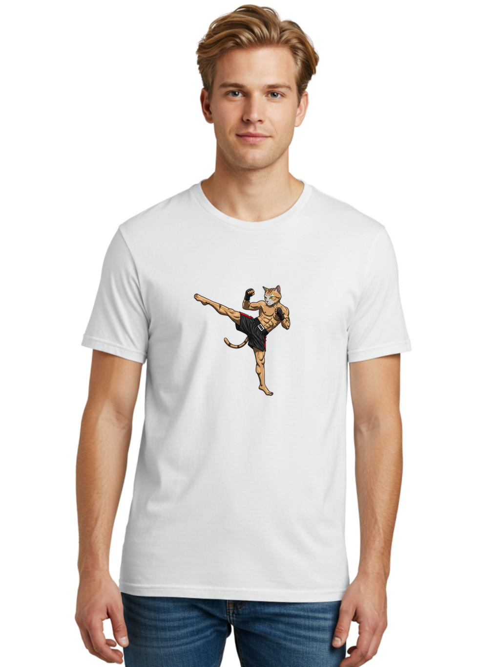 Muay-Thai-Cat-10 Men'S Graphic Tee, 100% Cotton, Comfortable Casual Summer Wear, Machine Washable, Cartoon Cat, Muay Thai Fighter, Martial Arts, Kickboxing, Fighting Stance, Muscular Physique, Boxing Gloves, Red Trim Shorts, Cartoon Character, Bae549