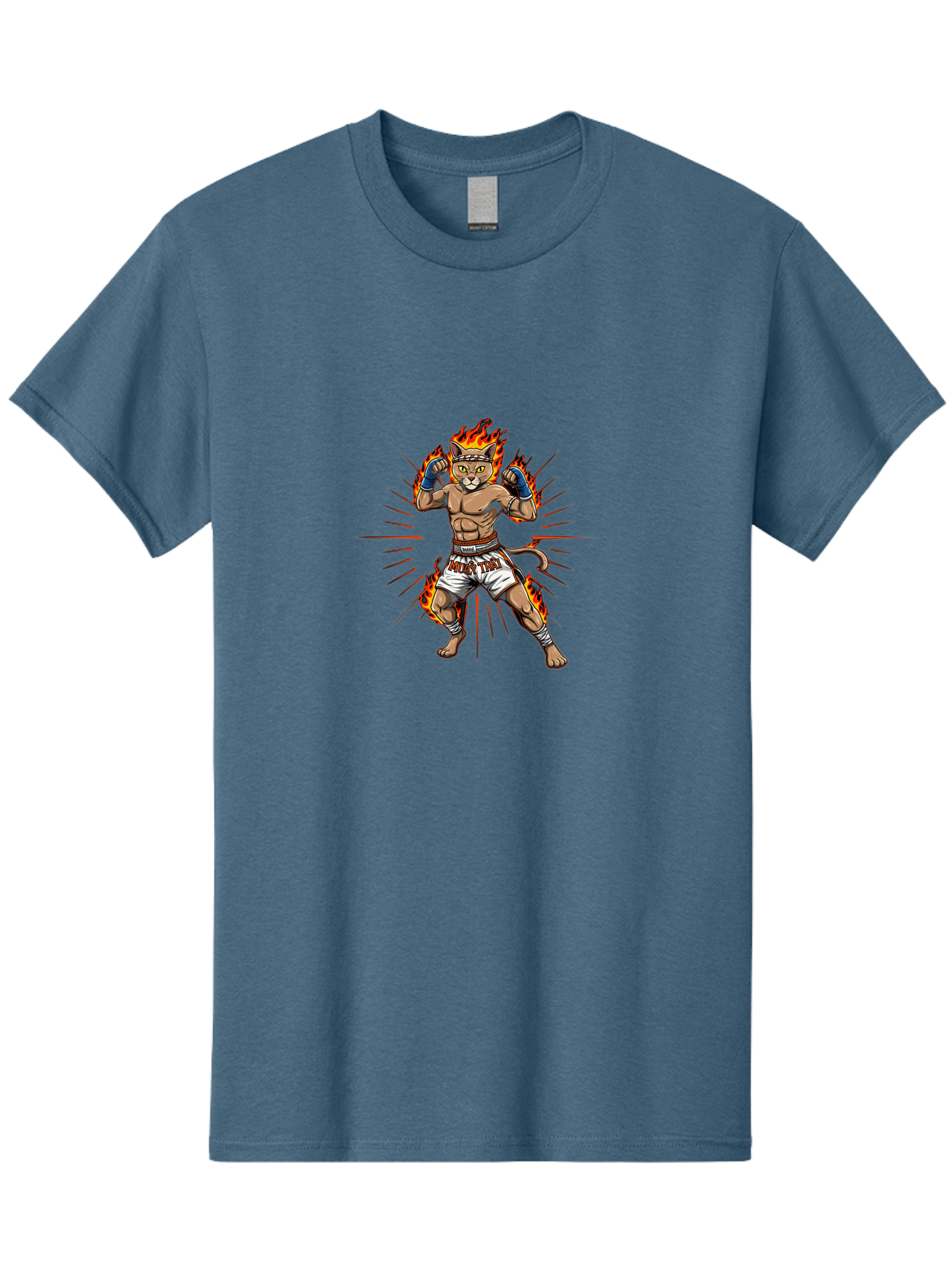 Muay-Thai-Cat-11 Men'S Graphic Tee, 100% Cotton, Comfortable Casual Summer Wear, Machine Washable, Cartoon Cat, Muay Thai Fighter, Boxing Gloves, Fighting Stance, Flames, Action Lines, Cartoon Character, Muscular Physique, Sports Illustration, Bae550