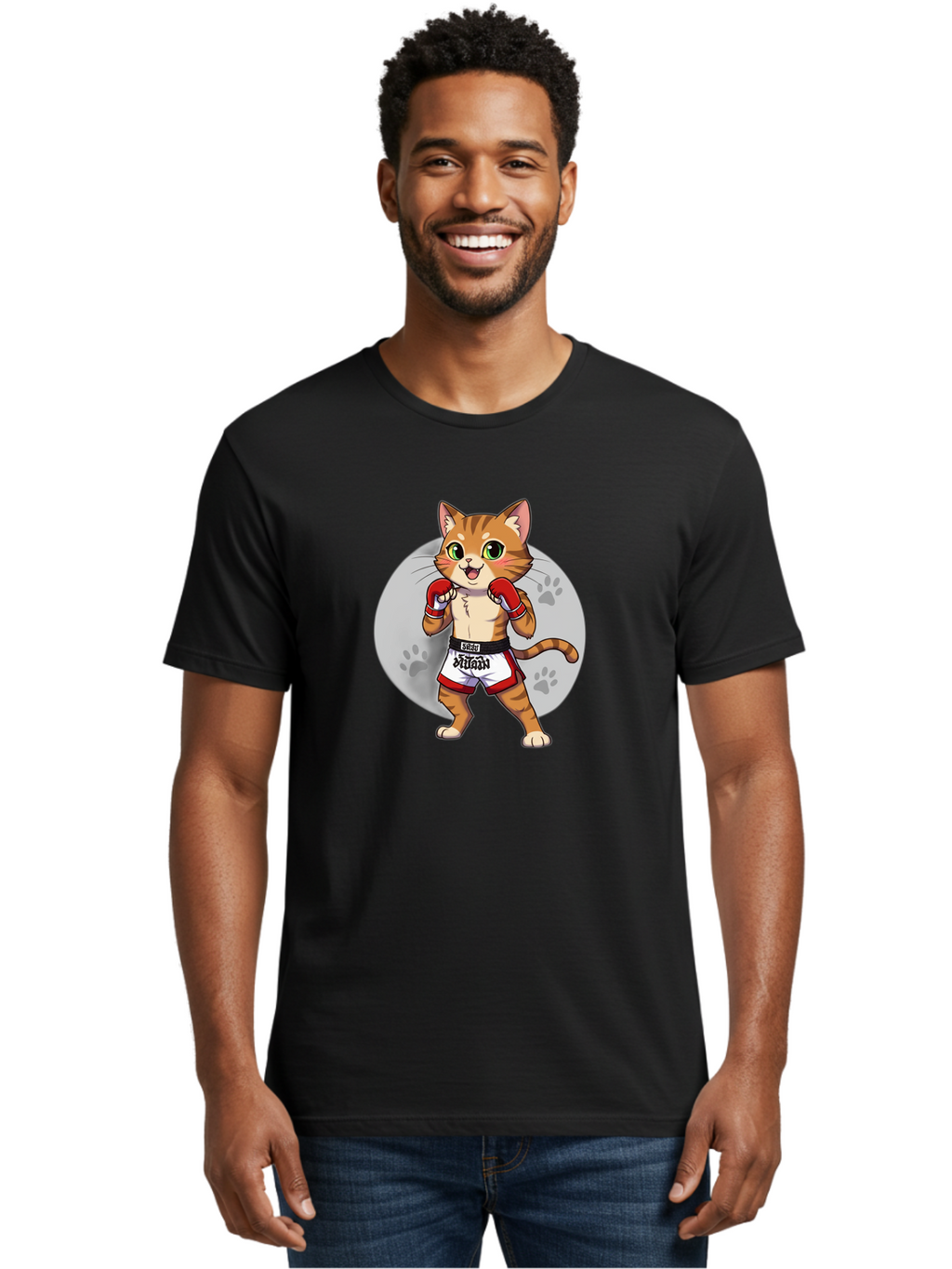 Muay-Thai-Cat-3 Men'S Graphic Tee, 100% Cotton, Comfortable Casual Summer Wear, Machine Washable, Cartoon Cat, Muay Thai Fighter, Boxing Gloves, Martial Arts, Animal Athlete, Boxing Shorts, Muay, Kitty, Fighting Cat, Boxing Cat, Muay Thai Cat Bae552