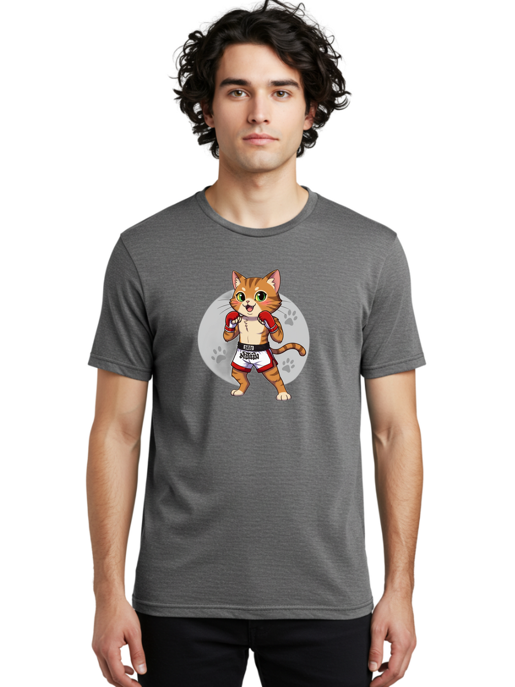Muay-Thai-Cat-3 Men'S Graphic Tee, 100% Cotton, Comfortable Casual Summer Wear, Machine Washable, Cartoon Cat, Muay Thai Fighter, Boxing Gloves, Martial Arts, Animal Athlete, Boxing Shorts, Muay, Kitty, Fighting Cat, Boxing Cat, Muay Thai Cat Bae552