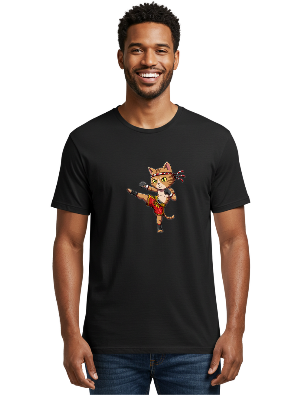 Muay-Thai-Cat-5 Men'S Graphic Tee, 100% Cotton, Comfortable Casual Summer Wear, Machine Washable, Cartoon Cat, Muay Thai Fighter, Martial Arts, Kickboxing, Cat Illustration, Fitness Cat, Muay Thai Kitty, Cartoon Character, Fighting Cat, Bae554
