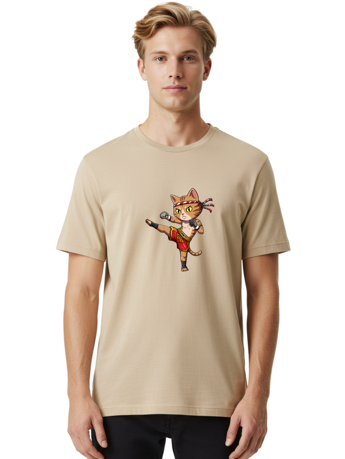 Muay-Thai-Cat-5 Men'S Graphic Tee, 100% Cotton, Comfortable Casual Summer Wear, Machine Washable, Cartoon Cat, Muay Thai Fighter, Martial Arts, Kickboxing, Cat Illustration, Fitness Cat, Muay Thai Kitty, Cartoon Character, Fighting Cat, Bae554
