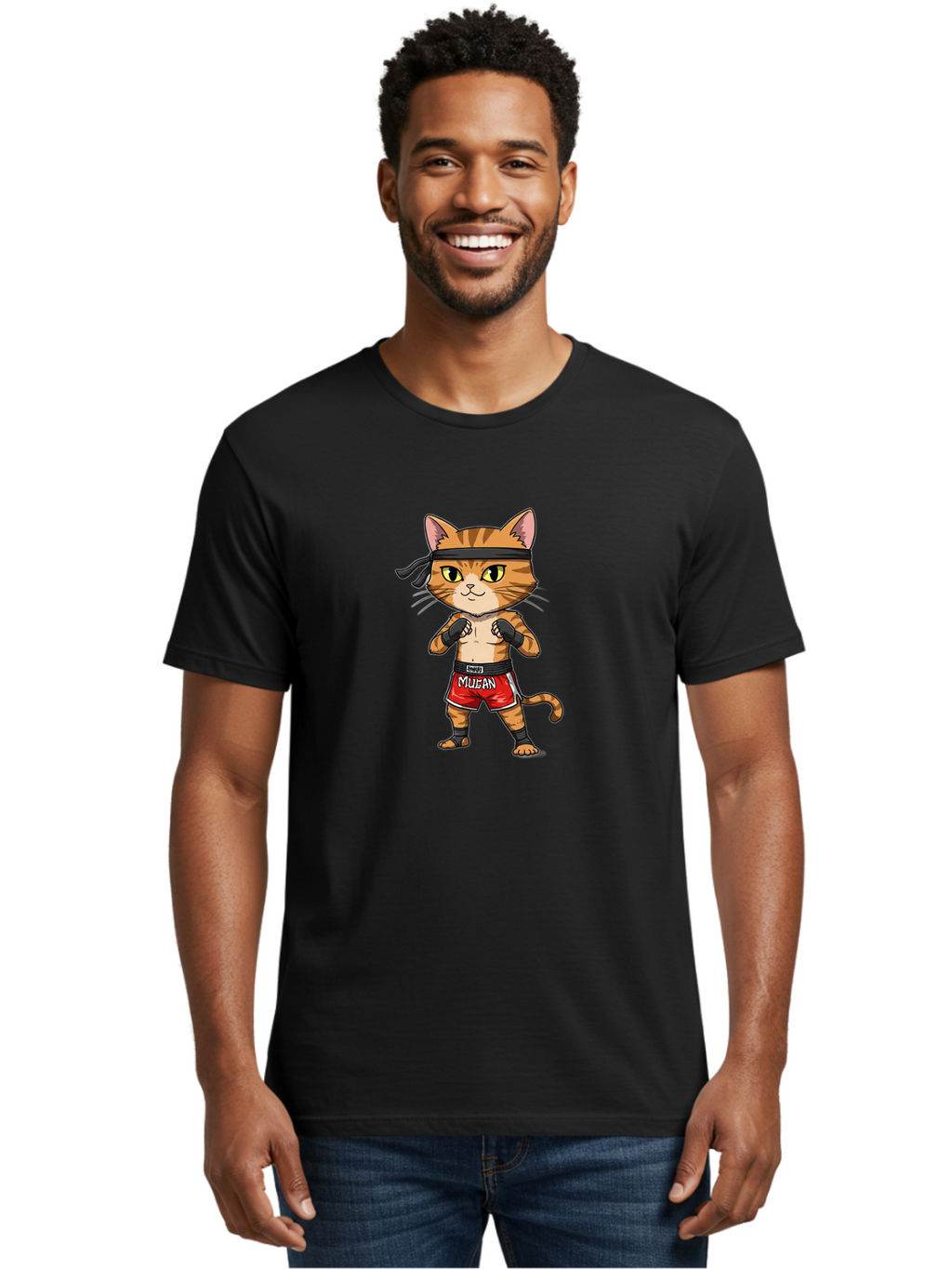 Muay-Thai-Cat-6 Men'S Graphic Tee, 100% Cotton, Comfortable Casual Summer Wear, Machine Washable, Cartoon Cat, Muay Thai Fighter, Red Shorts, Black Headband, Boxing Gloves, Combat Sports, Martial Arts, Cute Animal, Fighting Stance, Bae555
