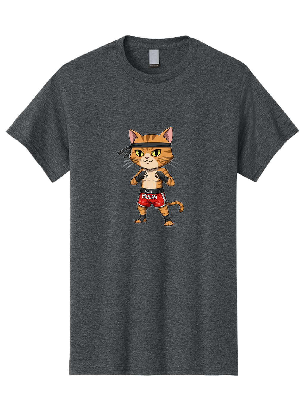 Muay-Thai-Cat-6 Men'S Graphic Tee, 100% Cotton, Comfortable Casual Summer Wear, Machine Washable, Cartoon Cat, Muay Thai Fighter, Red Shorts, Black Headband, Boxing Gloves, Combat Sports, Martial Arts, Cute Animal, Fighting Stance, Bae555