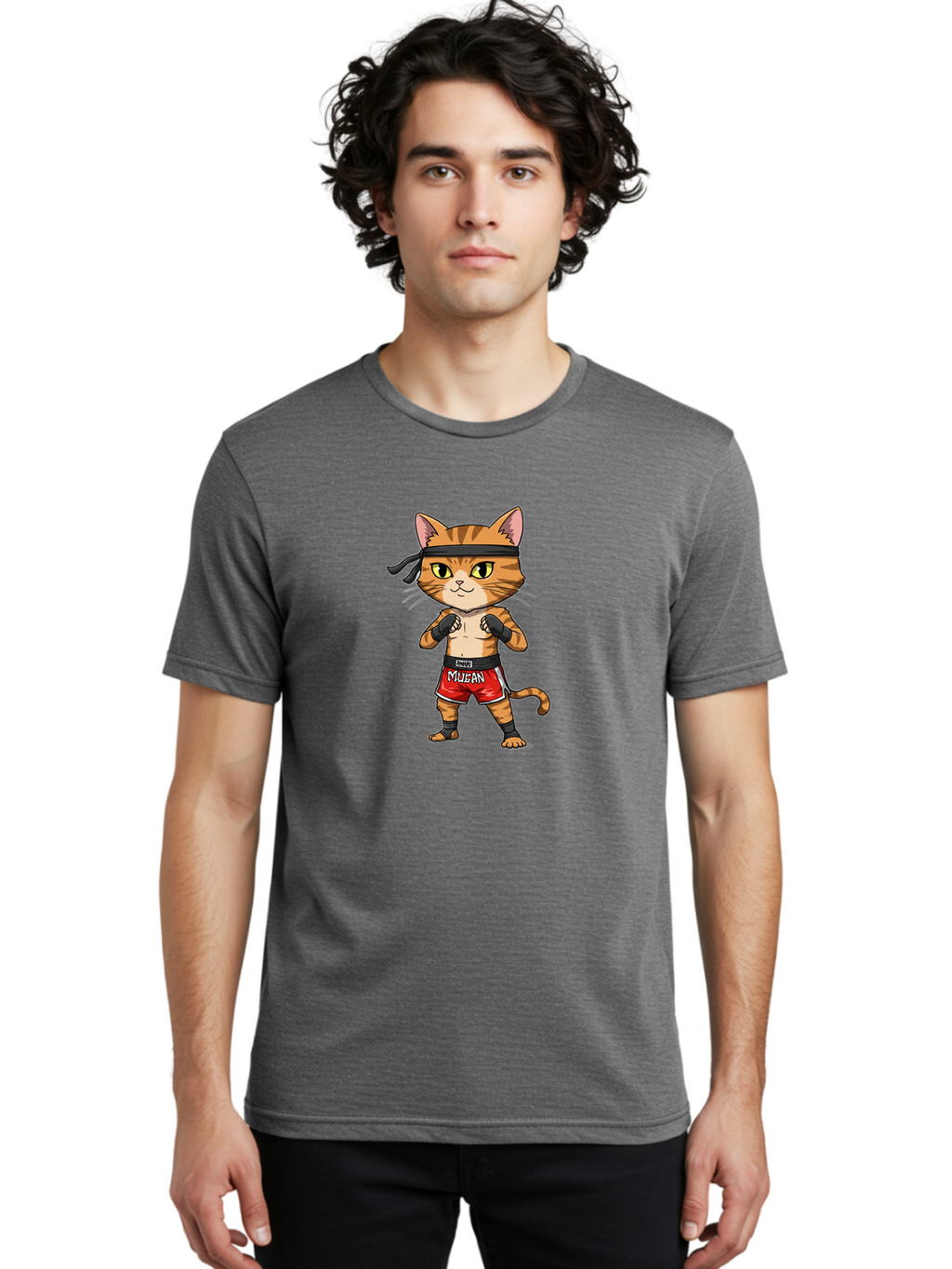 Muay-Thai-Cat-6 Men'S Graphic Tee, 100% Cotton, Comfortable Casual Summer Wear, Machine Washable, Cartoon Cat, Muay Thai Fighter, Red Shorts, Black Headband, Boxing Gloves, Combat Sports, Martial Arts, Cute Animal, Fighting Stance, Bae555