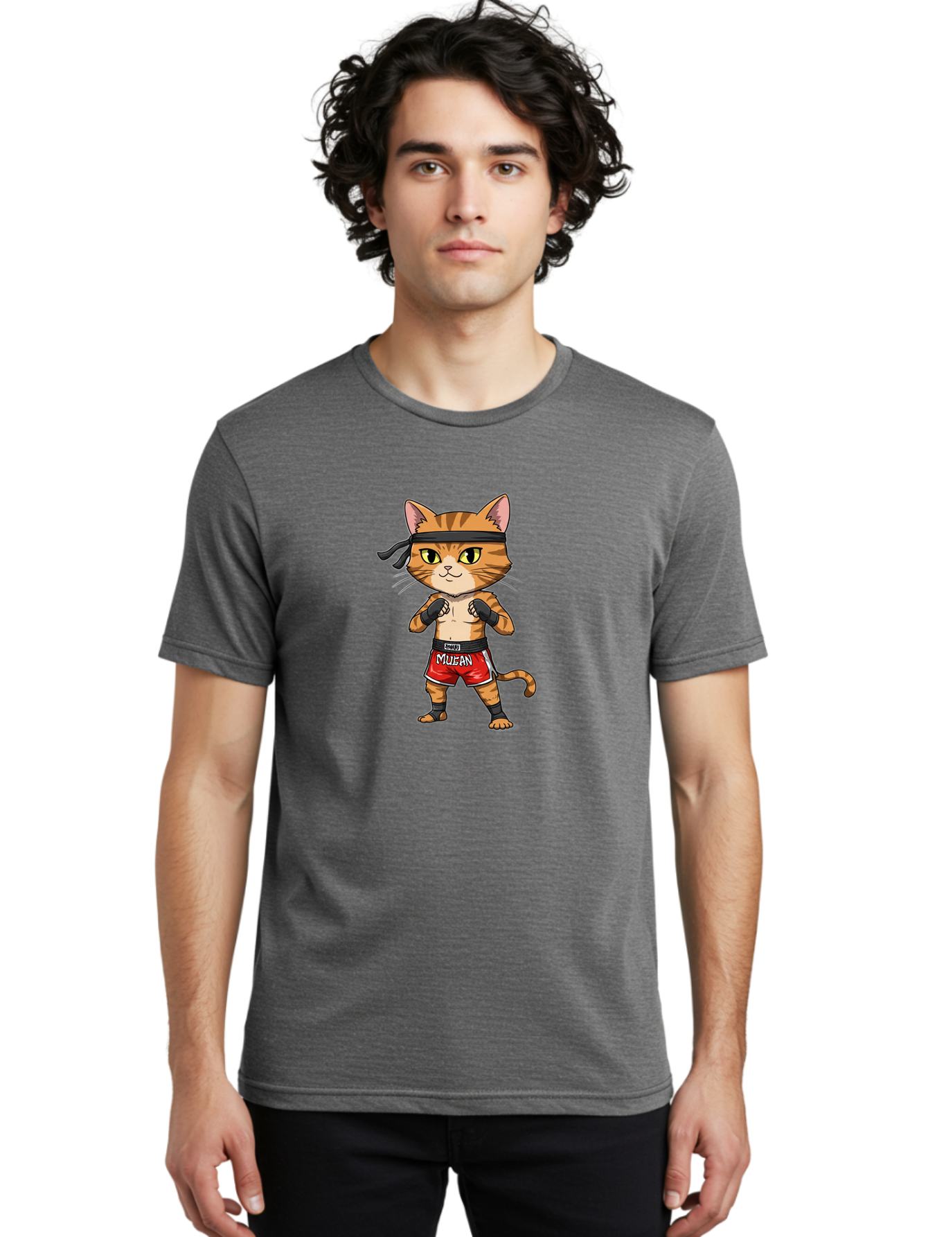 Muay-Thai-Cat-6 Men'S Graphic Tee, 100% Cotton, Comfortable Casual Summer Wear, Machine Washable, Cartoon Cat, Muay Thai Fighter, Red Shorts, Black Headband, Boxing Gloves, Combat Sports, Martial Arts, Cute Animal, Fighting Stance, Bae555