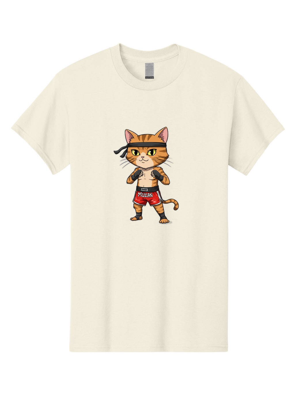 Muay-Thai-Cat-6 Men'S Graphic Tee, 100% Cotton, Comfortable Casual Summer Wear, Machine Washable, Cartoon Cat, Muay Thai Fighter, Red Shorts, Black Headband, Boxing Gloves, Combat Sports, Martial Arts, Cute Animal, Fighting Stance, Bae555