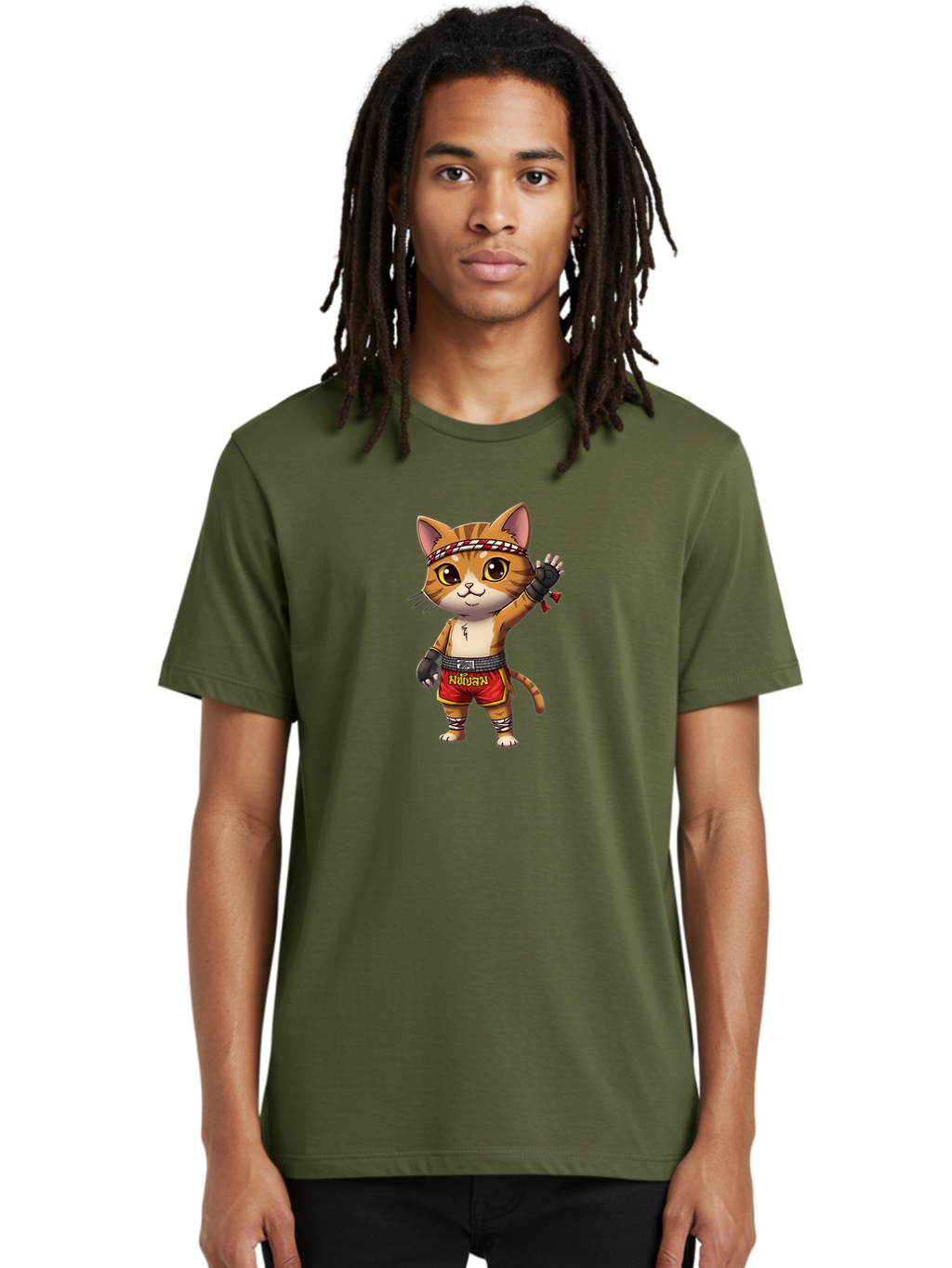 Muay-Thai-Cat-7 Men'S Graphic Tee, 100% Cotton, Comfortable Casual Summer Wear, Machine Washable, Cartoon Cat, Muay Thai Fighter, Martial Arts, Red Shorts, Black Gloves, Headband, Muay Thai, Fighting Cat, Kawaii, Anime Style, Bae556