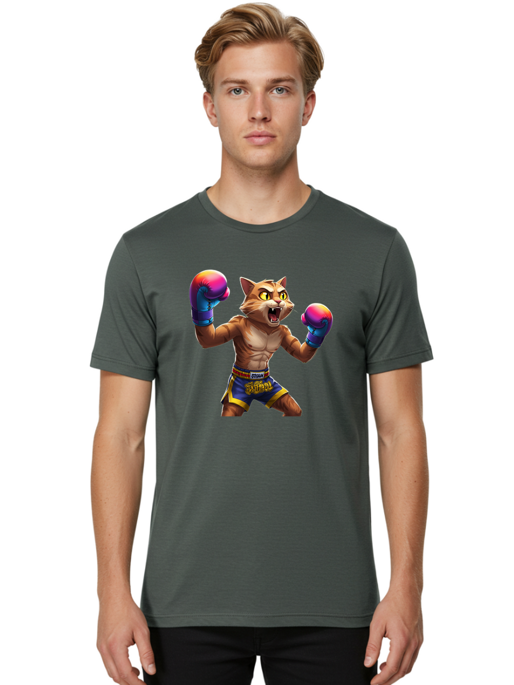 Muay-Thai-Cat-8 Men'S Graphic Tee, 100% Cotton, Comfortable Casual Summer Wear, Machine Washable, Cartoon Cat, Muay Thai Fighter, Boxing Gloves, Blue Shorts, Strong Muscles, Aggressive Stance, Fighting Pose, Cartoon Character, Muay Thai, Bae557