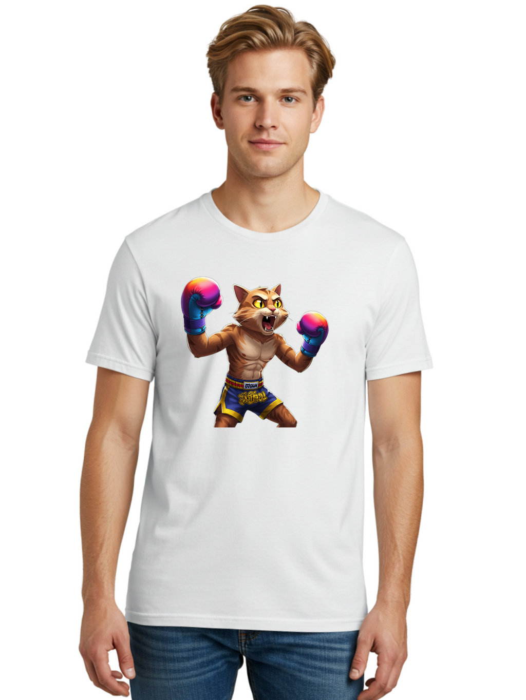 Muay-Thai-Cat-8 Men'S Graphic Tee, 100% Cotton, Comfortable Casual Summer Wear, Machine Washable, Cartoon Cat, Muay Thai Fighter, Boxing Gloves, Blue Shorts, Strong Muscles, Aggressive Stance, Fighting Pose, Cartoon Character, Muay Thai, Bae557