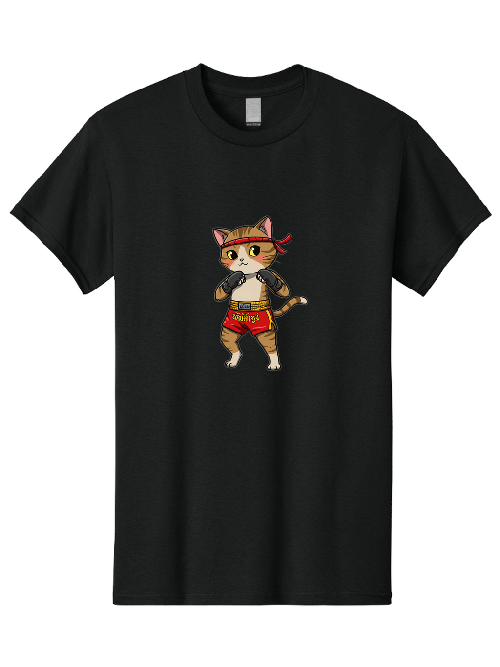 Muay-Thai-Cat Men'S Graphic Tee, 100% Cotton, Comfortable Casual Summer Wear, Machine Washable, Cartoon Cat, Muay Thai Fighter, Martial Arts, Boxing Gloves, Red Shorts, Yellow Accents, Fighting Stance, Adorable Illustration, Kawaii, Cute Cat, Bae559