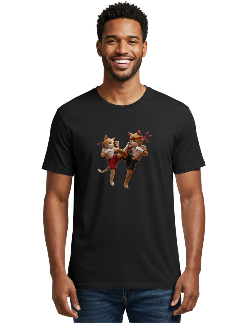 Muay-Thai-Cats Men'S Graphic Tee, 100% Cotton, Comfortable Casual Summer Wear, Machine Washable, Cartoon Cats Fighting, Martial Arts, Muay Thai, Boxing Cats, Anthropomorphic Cats, Action Pose, Dynamic Scene, Funny Cats, Cat Fight, Bae560