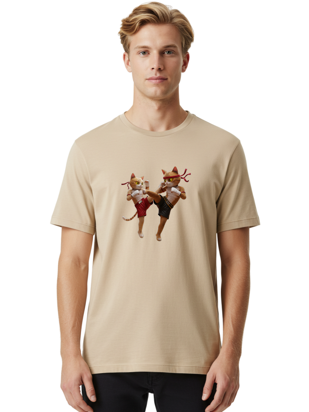 Muay-Thai-Cats Men'S Graphic Tee, 100% Cotton, Comfortable Casual Summer Wear, Machine Washable, Cartoon Cats Fighting, Martial Arts, Muay Thai, Boxing Cats, Anthropomorphic Cats, Action Pose, Dynamic Scene, Funny Cats, Cat Fight, Bae560