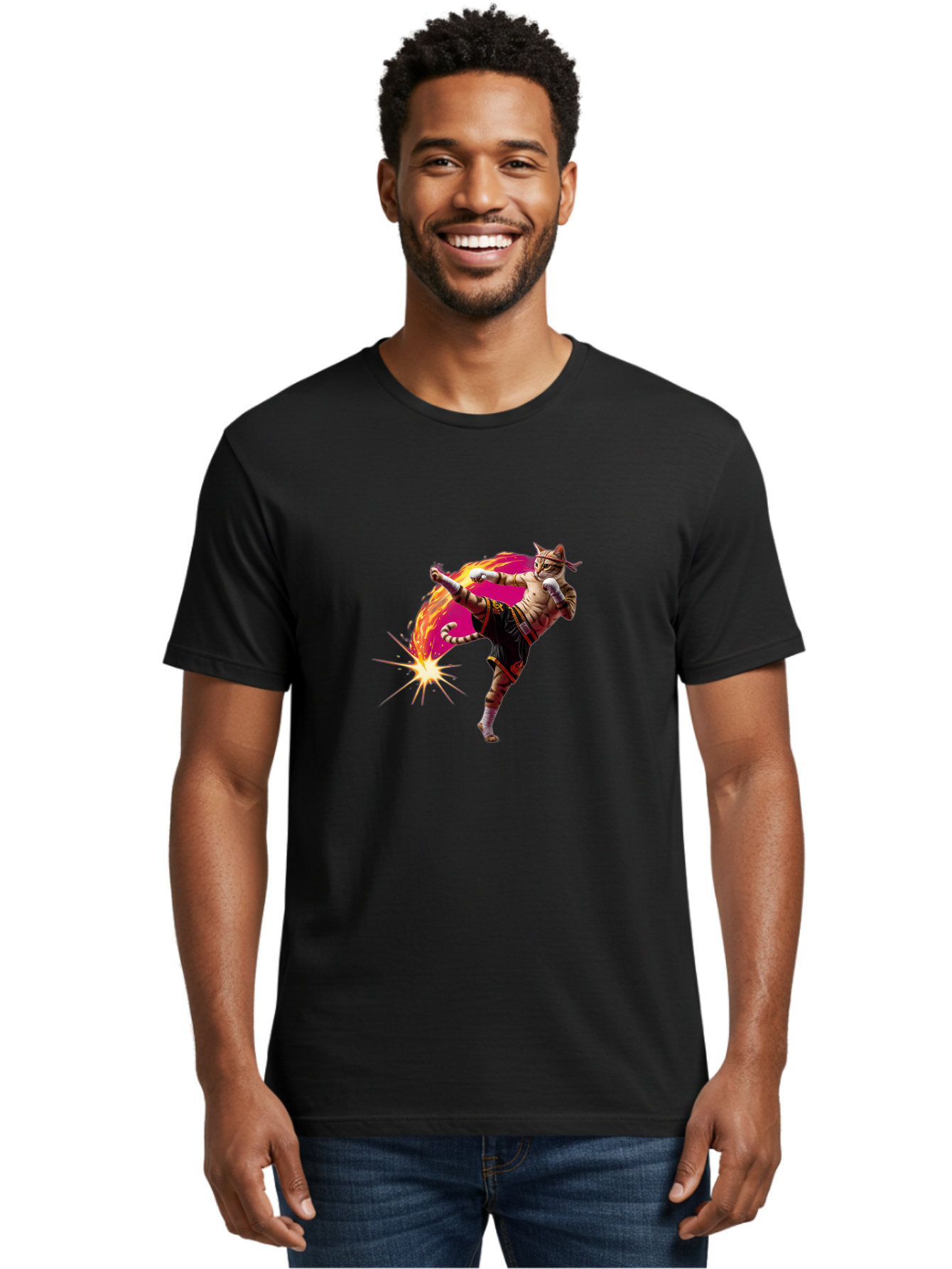 Muay-Thai-Kick Men'S Graphic Tee, 100% Cotton, Comfortable Casual Summer Wear, Machine Washable, Martial Arts, Kickboxing, Muay Thai Fighter, Energetic Kick, Flaming Kick, Dynamic Pose, Traditional Clothing, Warrior Spirit, Fiery Energy, Bae561