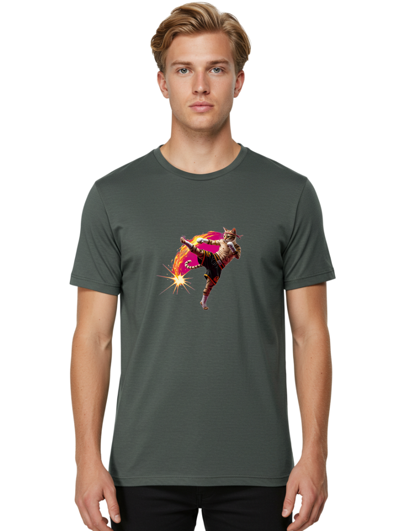 Muay-Thai-Kick Men'S Graphic Tee, 100% Cotton, Comfortable Casual Summer Wear, Machine Washable, Martial Arts, Kickboxing, Muay Thai Fighter, Energetic Kick, Flaming Kick, Dynamic Pose, Traditional Clothing, Warrior Spirit, Fiery Energy, Bae561