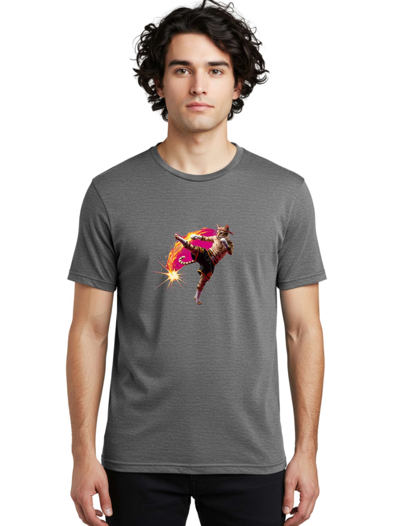 Muay-Thai-Kick Men'S Graphic Tee, 100% Cotton, Comfortable Casual Summer Wear, Machine Washable, Martial Arts, Kickboxing, Muay Thai Fighter, Energetic Kick, Flaming Kick, Dynamic Pose, Traditional Clothing, Warrior Spirit, Fiery Energy, Bae561