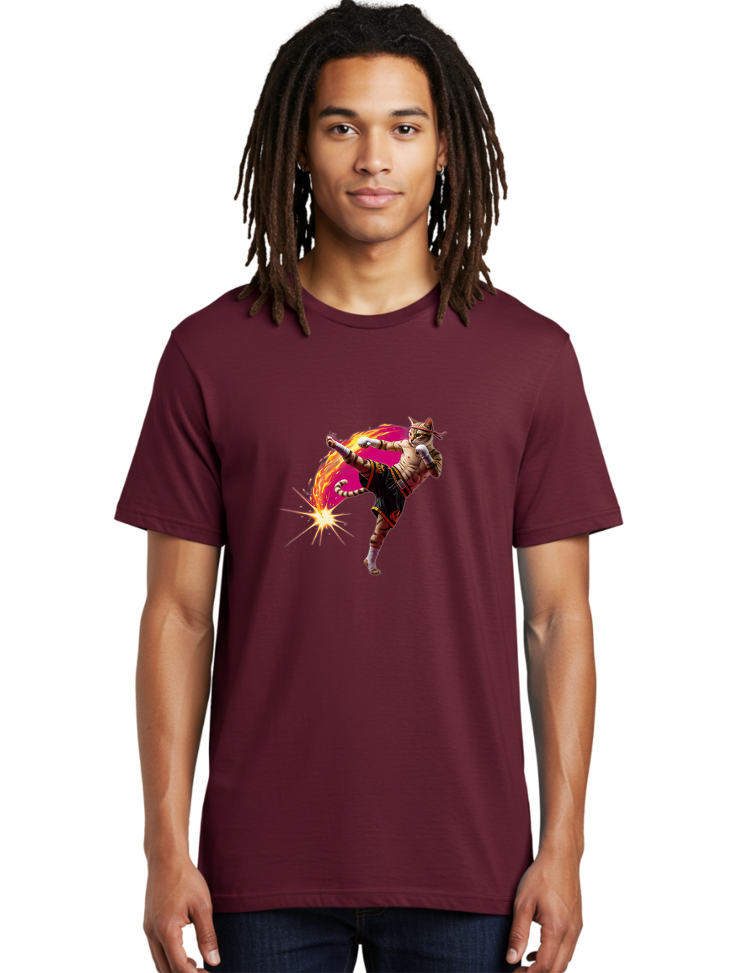 Muay-Thai-Kick Men'S Graphic Tee, 100% Cotton, Comfortable Casual Summer Wear, Machine Washable, Martial Arts, Kickboxing, Muay Thai Fighter, Energetic Kick, Flaming Kick, Dynamic Pose, Traditional Clothing, Warrior Spirit, Fiery Energy, Bae561