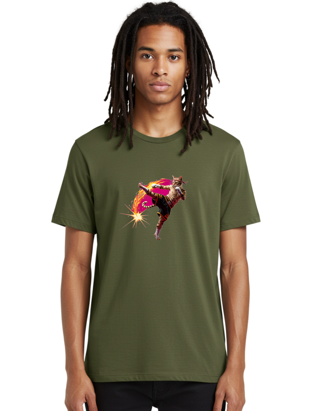 Muay-Thai-Kick Men'S Graphic Tee, 100% Cotton, Comfortable Casual Summer Wear, Machine Washable, Martial Arts, Kickboxing, Muay Thai Fighter, Energetic Kick, Flaming Kick, Dynamic Pose, Traditional Clothing, Warrior Spirit, Fiery Energy, Bae561