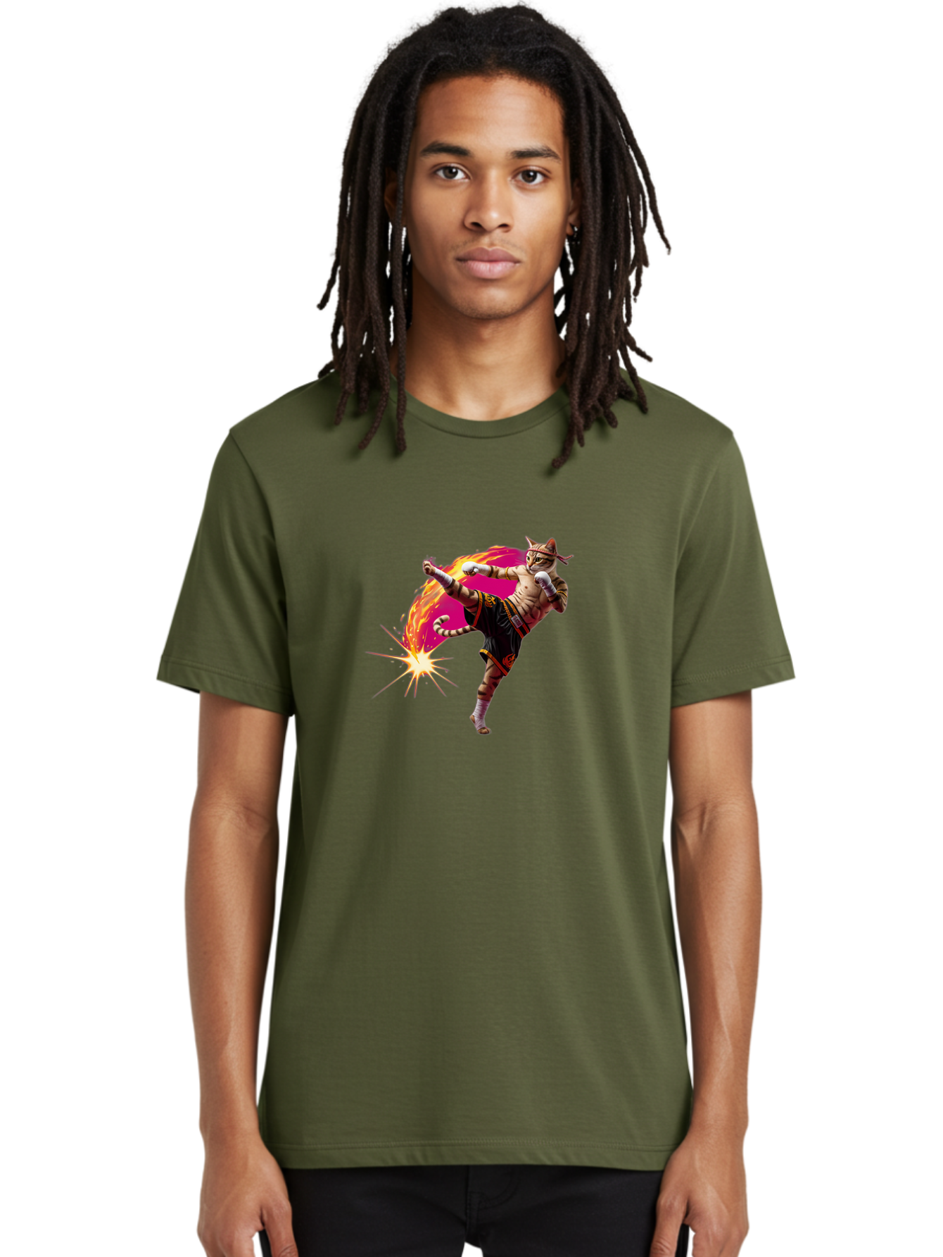 Muay-Thai-Kick Men'S Graphic Tee, 100% Cotton, Comfortable Casual Summer Wear, Machine Washable, Martial Arts, Kickboxing, Muay Thai Fighter, Energetic Kick, Flaming Kick, Dynamic Pose, Traditional Clothing, Warrior Spirit, Fiery Energy, Bae561