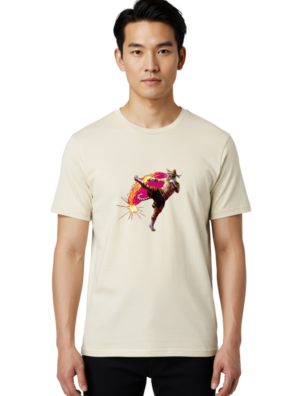 Muay-Thai-Kick Men'S Graphic Tee, 100% Cotton, Comfortable Casual Summer Wear, Machine Washable, Martial Arts, Kickboxing, Muay Thai Fighter, Energetic Kick, Flaming Kick, Dynamic Pose, Traditional Clothing, Warrior Spirit, Fiery Energy, Bae561
