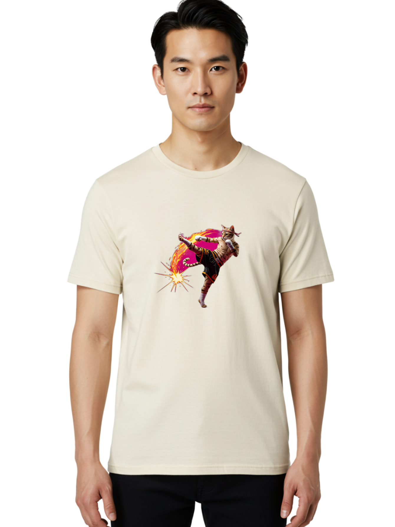 Muay-Thai-Kick Men'S Graphic Tee, 100% Cotton, Comfortable Casual Summer Wear, Machine Washable, Martial Arts, Kickboxing, Muay Thai Fighter, Energetic Kick, Flaming Kick, Dynamic Pose, Traditional Clothing, Warrior Spirit, Fiery Energy, Bae561