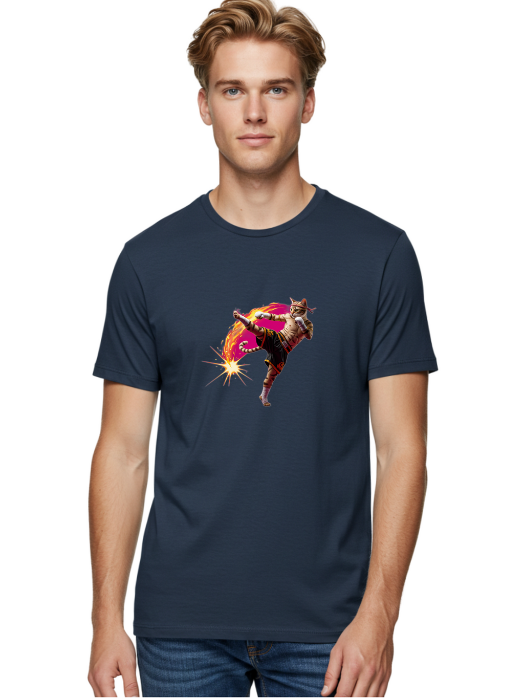 Muay-Thai-Kick Men'S Graphic Tee, 100% Cotton, Comfortable Casual Summer Wear, Machine Washable, Martial Arts, Kickboxing, Muay Thai Fighter, Energetic Kick, Flaming Kick, Dynamic Pose, Traditional Clothing, Warrior Spirit, Fiery Energy, Bae561