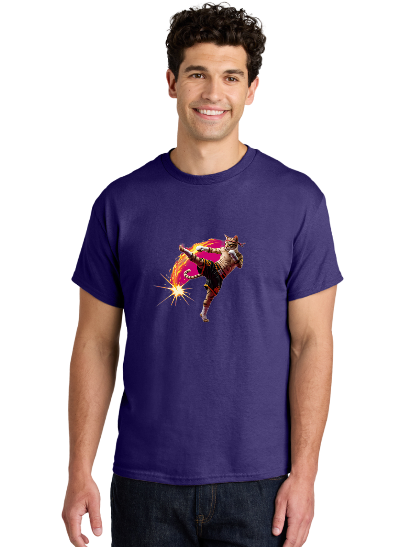 Muay-Thai-Kick Men'S Graphic Tee, 100% Cotton, Comfortable Casual Summer Wear, Machine Washable, Martial Arts, Kickboxing, Muay Thai Fighter, Energetic Kick, Flaming Kick, Dynamic Pose, Traditional Clothing, Warrior Spirit, Fiery Energy, Bae561