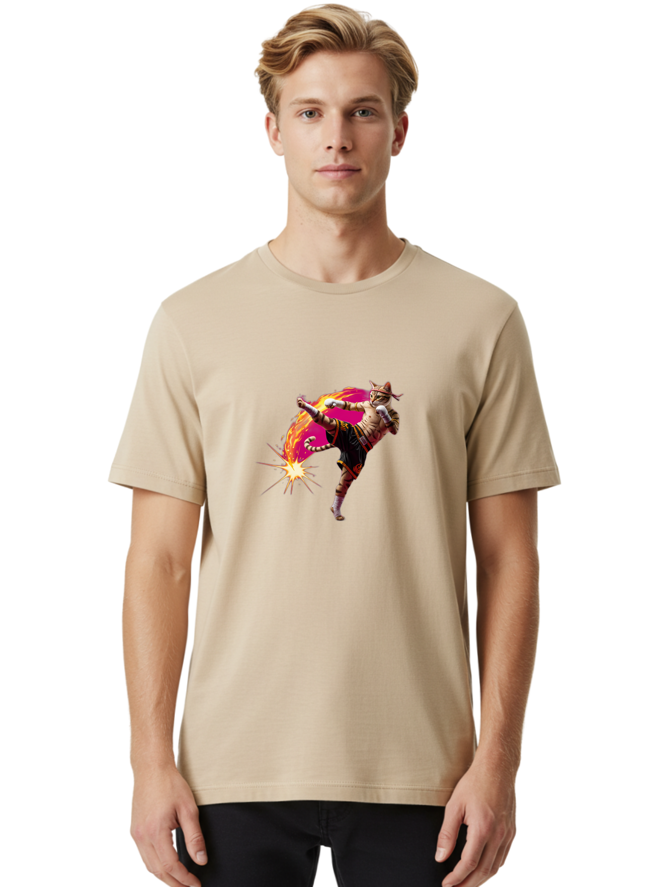 Muay-Thai-Kick Men'S Graphic Tee, 100% Cotton, Comfortable Casual Summer Wear, Machine Washable, Martial Arts, Kickboxing, Muay Thai Fighter, Energetic Kick, Flaming Kick, Dynamic Pose, Traditional Clothing, Warrior Spirit, Fiery Energy, Bae561