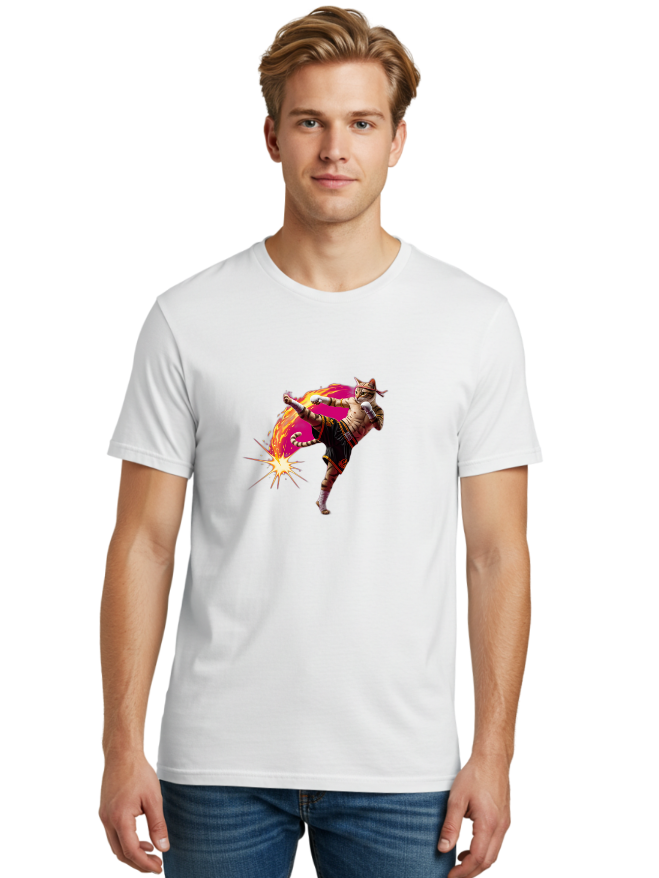 Muay-Thai-Kick Men'S Graphic Tee, 100% Cotton, Comfortable Casual Summer Wear, Machine Washable, Martial Arts, Kickboxing, Muay Thai Fighter, Energetic Kick, Flaming Kick, Dynamic Pose, Traditional Clothing, Warrior Spirit, Fiery Energy, Bae561