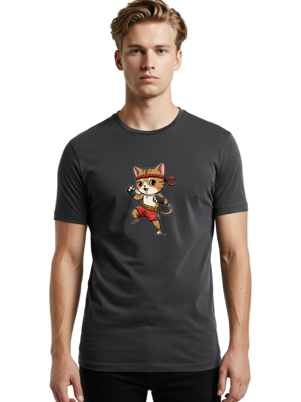 Muay-Thai-Kitten Men'S Graphic Tee, 100% Cotton, Comfortable Casual Summer Wear, Machine Washable, Cartoon Cat, Muay Thai Fighter, Martial Arts, Fighting Stance, Red Headband, Red Boxing Shorts, Black Gloves, Cute Expression, Bae562