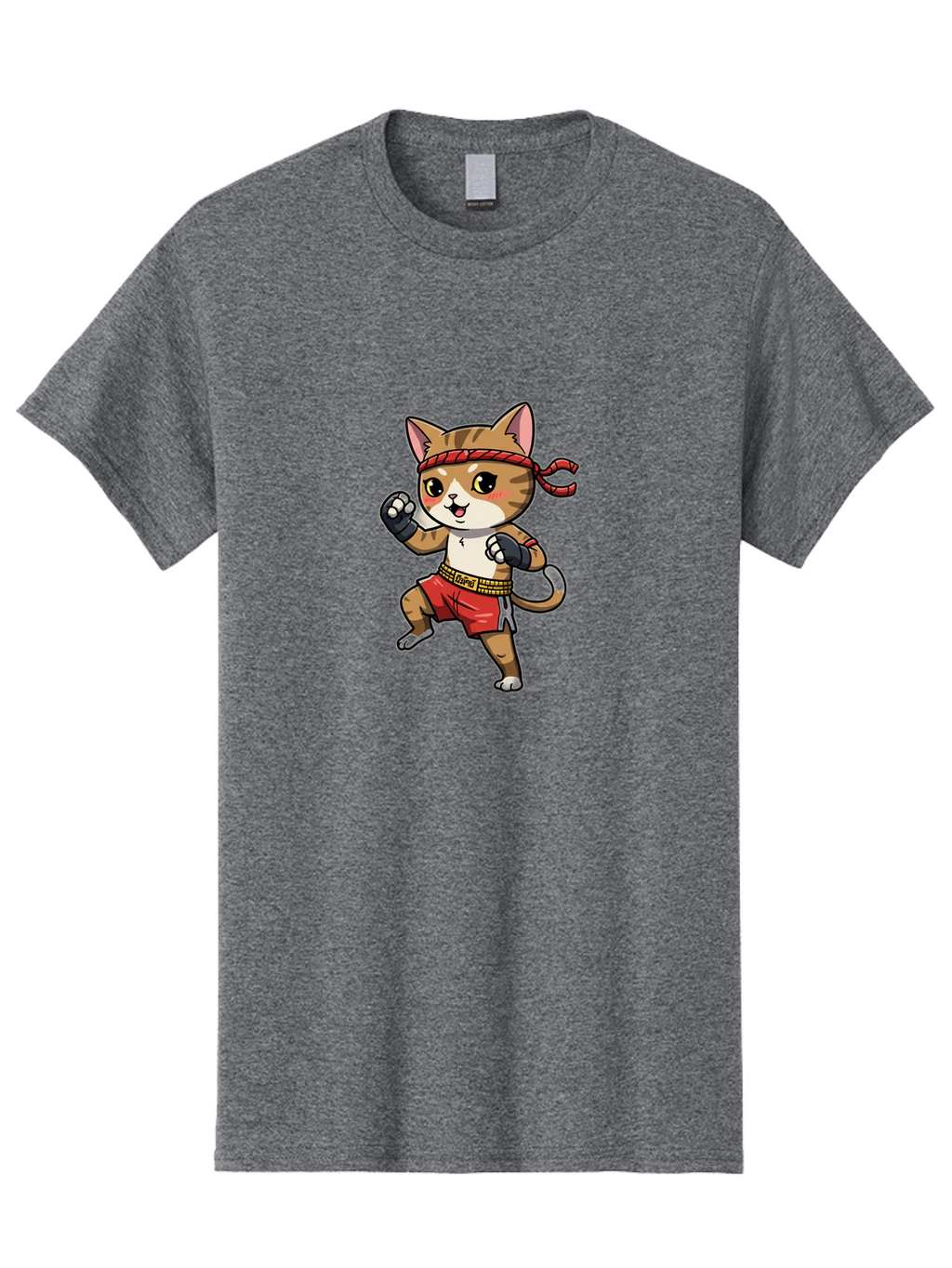Muay-Thai-Kitten Men'S Graphic Tee, 100% Cotton, Comfortable Casual Summer Wear, Machine Washable, Cartoon Cat, Muay Thai Fighter, Martial Arts, Fighting Stance, Red Headband, Red Boxing Shorts, Black Gloves, Cute Expression, Bae562