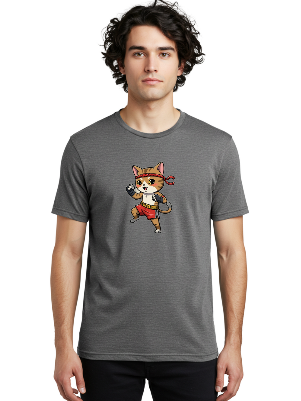 Muay-Thai-Kitten Men'S Graphic Tee, 100% Cotton, Comfortable Casual Summer Wear, Machine Washable, Cartoon Cat, Muay Thai Fighter, Martial Arts, Fighting Stance, Red Headband, Red Boxing Shorts, Black Gloves, Cute Expression, Bae562