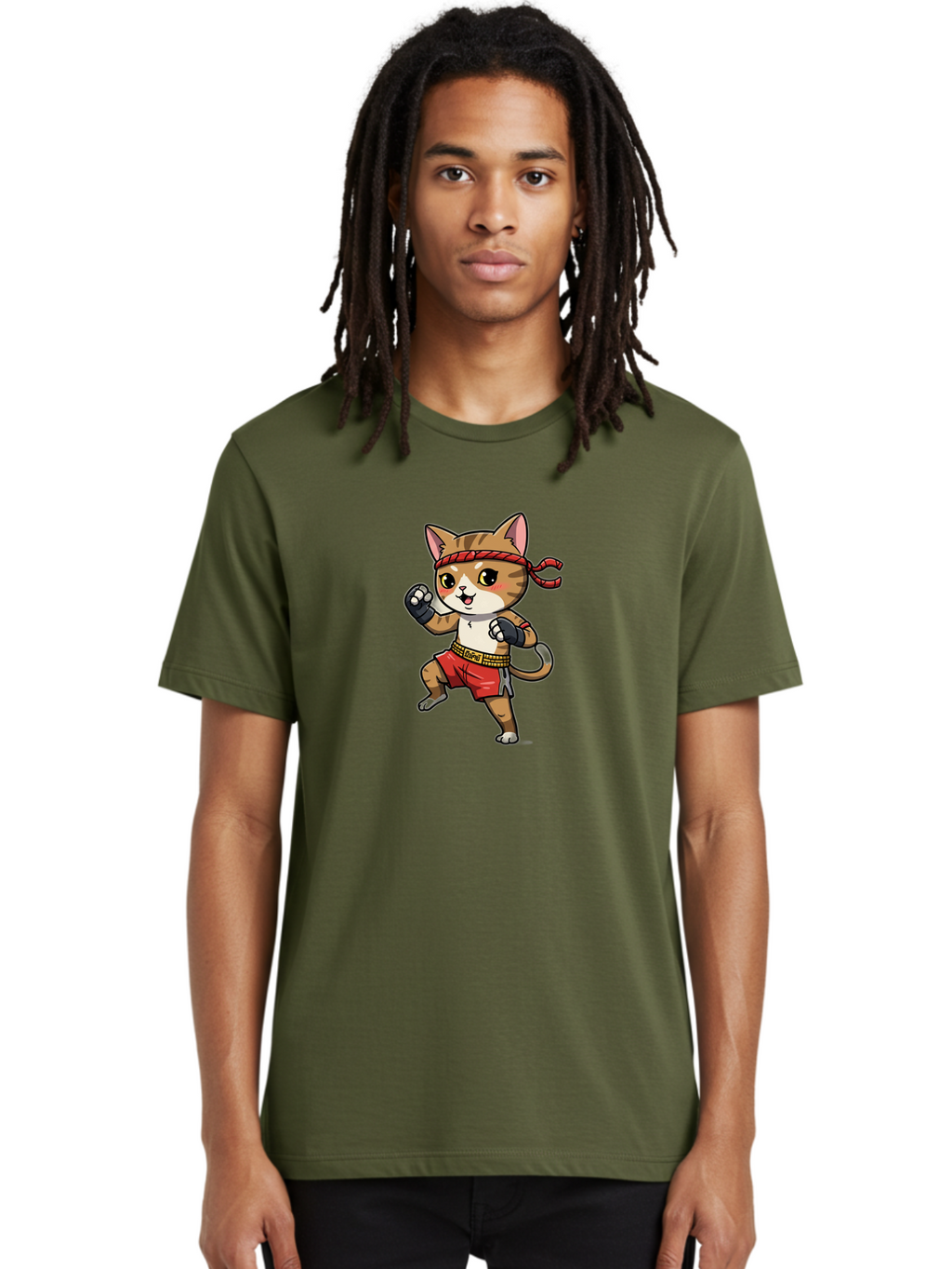Muay-Thai-Kitten Men'S Graphic Tee, 100% Cotton, Comfortable Casual Summer Wear, Machine Washable, Cartoon Cat, Muay Thai Fighter, Martial Arts, Fighting Stance, Red Headband, Red Boxing Shorts, Black Gloves, Cute Expression, Bae562