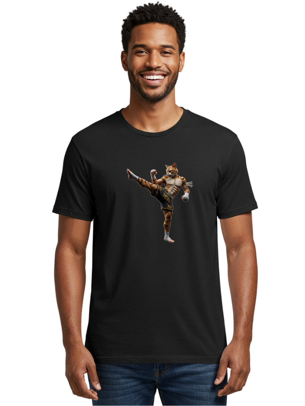 Muay-Thai-Tiger Men'S Graphic Tee, 100% Cotton, Comfortable Casual Summer Wear, Machine Washable, Cat Man In Kickboxing Pose, Muay Thai Fighter, Martial Arts, Kickboxing Stance, Action Figure, Cartoon Character, Humorous Illustration, Bae563