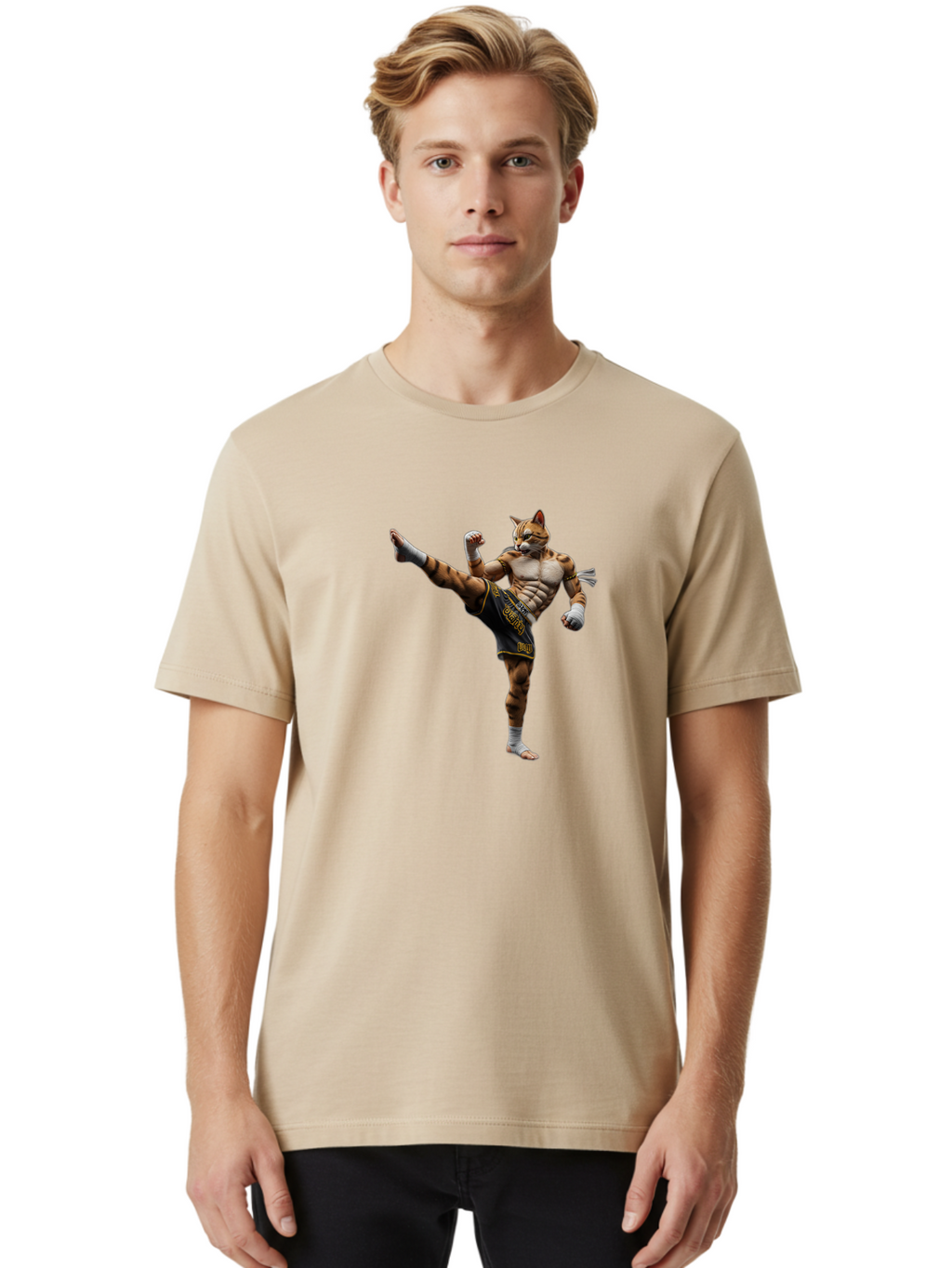 Muay-Thai-Tiger Men'S Graphic Tee, 100% Cotton, Comfortable Casual Summer Wear, Machine Washable, Cat Man In Kickboxing Pose, Muay Thai Fighter, Martial Arts, Kickboxing Stance, Action Figure, Cartoon Character, Humorous Illustration, Bae563