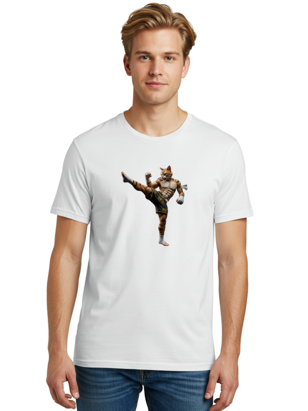 Muay-Thai-Tiger Men'S Graphic Tee, 100% Cotton, Comfortable Casual Summer Wear, Machine Washable, Cat Man In Kickboxing Pose, Muay Thai Fighter, Martial Arts, Kickboxing Stance, Action Figure, Cartoon Character, Humorous Illustration, Bae563