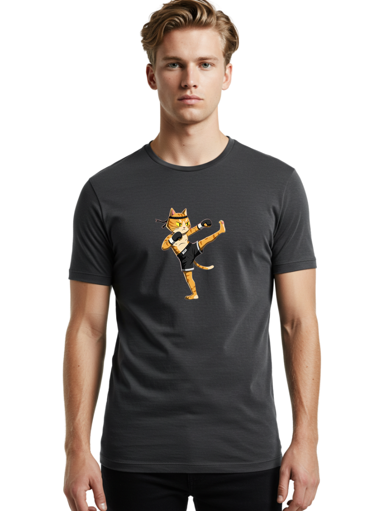Muay Men'S Graphic Tee, 100% Cotton, Comfortable Casual Summer Wear, Machine Washable, Cartoon Cat, Muay Thai Fighter, Martial Arts, Kickboxing, Fighting Stance, Boxing Gloves, Muay, Ninja, Thai Boxing Bae564