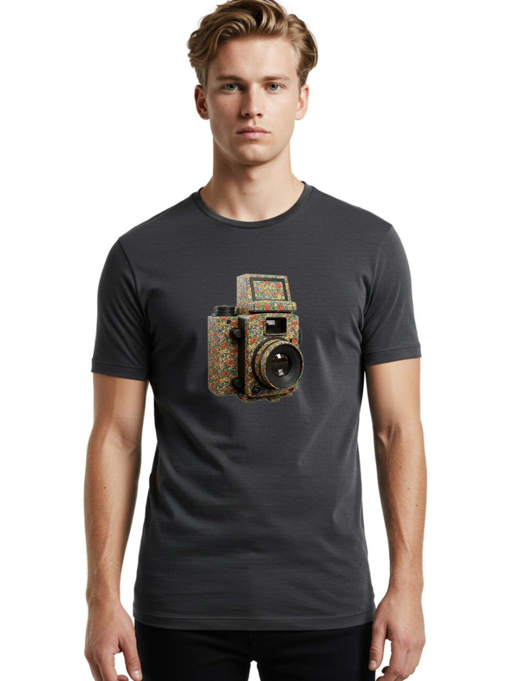 Multicolored-Camera Men'S Graphic Tee, 100% Cotton, Comfortable Casual Summer Wear, Machine Washable, Multicolored Paint Splatters, Artistic Camera Design, Vibrant Decor, Photography Equipment, Creative Expression, Unique Art Piece, Bae565
