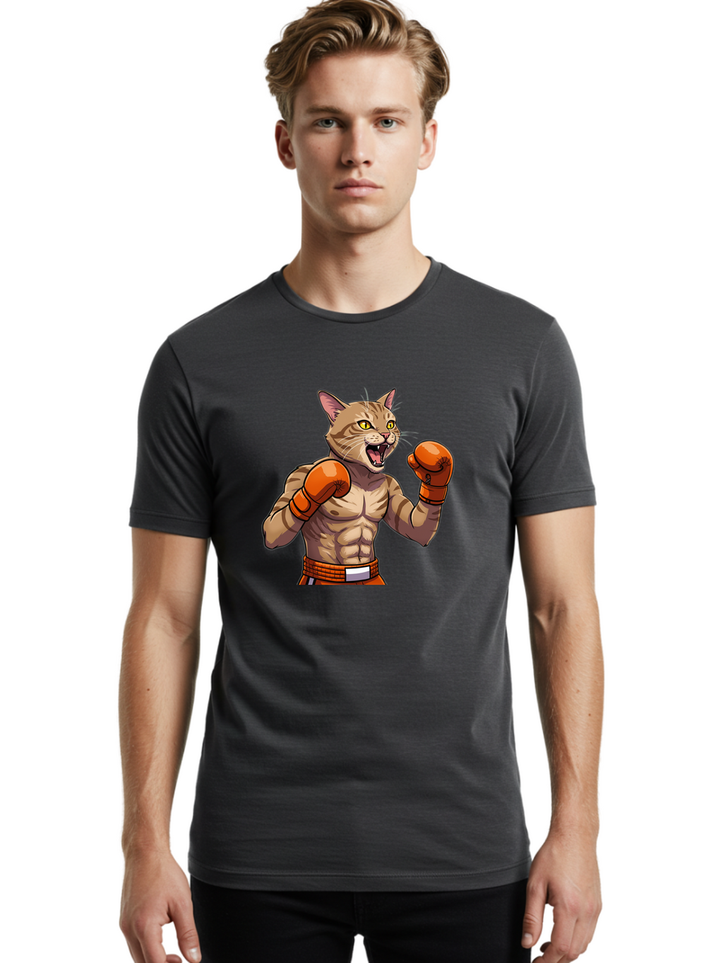 Muscle-Cat-Boxer Men'S Graphic Tee, 100% Cotton, Comfortable Casual Summer Wear, Machine Washable, Cartoon Muscular Cat, Boxing Gloves, Fierce Expression, Strong Physique, Funny Animal, Cartoon Character, Feline Boxer, Comic Art, Bae566