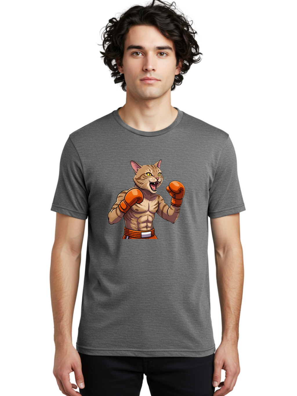 Muscle-Cat-Boxer Men'S Graphic Tee, 100% Cotton, Comfortable Casual Summer Wear, Machine Washable, Cartoon Muscular Cat, Boxing Gloves, Fierce Expression, Strong Physique, Funny Animal, Cartoon Character, Feline Boxer, Comic Art, Bae566