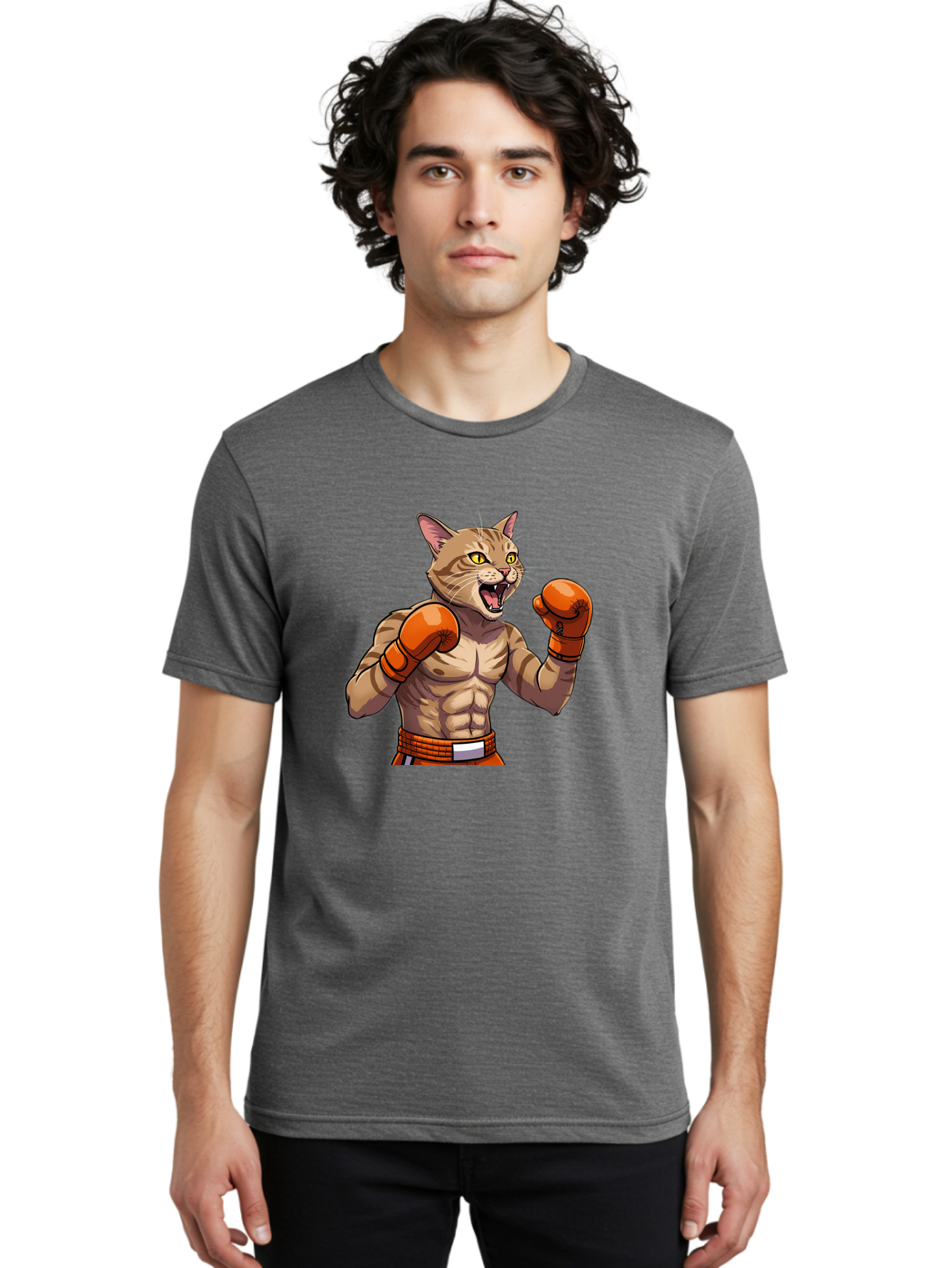 Muscle-Cat-Boxer Men'S Graphic Tee, 100% Cotton, Comfortable Casual Summer Wear, Machine Washable, Cartoon Muscular Cat, Boxing Gloves, Fierce Expression, Strong Physique, Funny Animal, Cartoon Character, Feline Boxer, Comic Art, Bae566