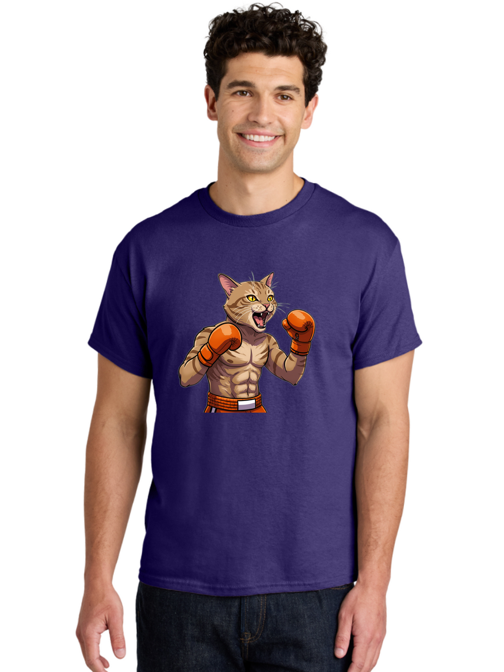 Muscle-Cat-Boxer Men'S Graphic Tee, 100% Cotton, Comfortable Casual Summer Wear, Machine Washable, Cartoon Muscular Cat, Boxing Gloves, Fierce Expression, Strong Physique, Funny Animal, Cartoon Character, Feline Boxer, Comic Art, Bae566