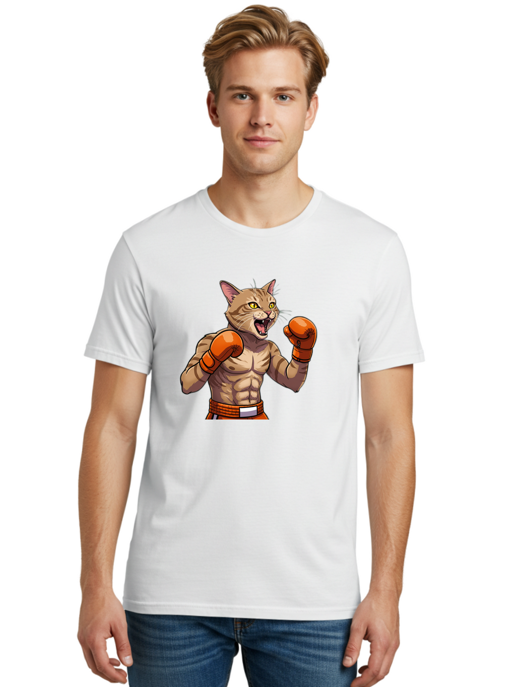 Muscle-Cat-Boxer Men'S Graphic Tee, 100% Cotton, Comfortable Casual Summer Wear, Machine Washable, Cartoon Muscular Cat, Boxing Gloves, Fierce Expression, Strong Physique, Funny Animal, Cartoon Character, Feline Boxer, Comic Art, Bae566