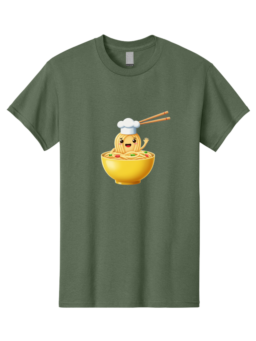 Noodle-Character-In-Yellow-Bowl Men'S Graphic Tee, 100% Cotton, Comfortable Casual Summer Wear, Machine Washable, Cartoon Noodles, Chef Hat, Chopsticks, Smiling Face, Waving Hand, Yellow Bowl, Green Peas, Red Peppers, Funny Character, Bae567