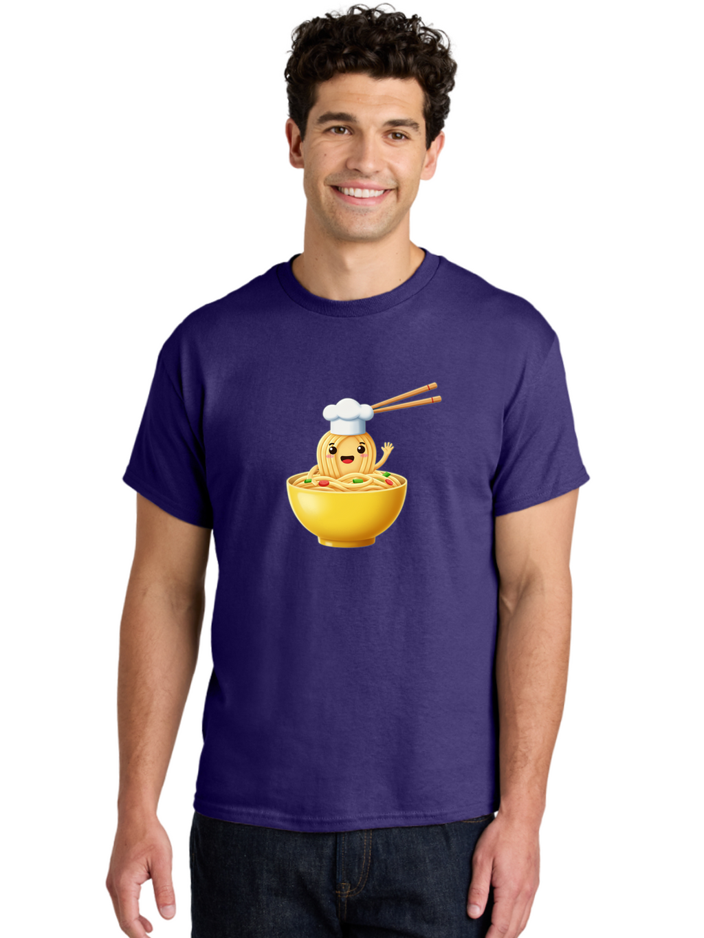 Noodle-Character-In-Yellow-Bowl Men'S Graphic Tee, 100% Cotton, Comfortable Casual Summer Wear, Machine Washable, Cartoon Noodles, Chef Hat, Chopsticks, Smiling Face, Waving Hand, Yellow Bowl, Green Peas, Red Peppers, Funny Character, Bae567