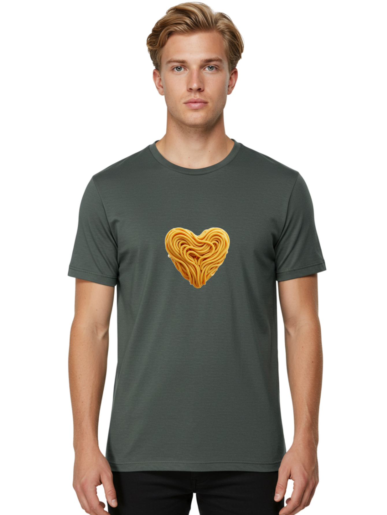 Noodles-Heart Men'S Graphic Tee, 100% Cotton, Comfortable Casual Summer Wear, Machine Washable, Heart Shaped Noodles, Creative Food Art, Noodle Design, Heart Made Of Noodles, Food Creativity, Unique Culinary Art, Noodle Heart, Food Styling Bae568