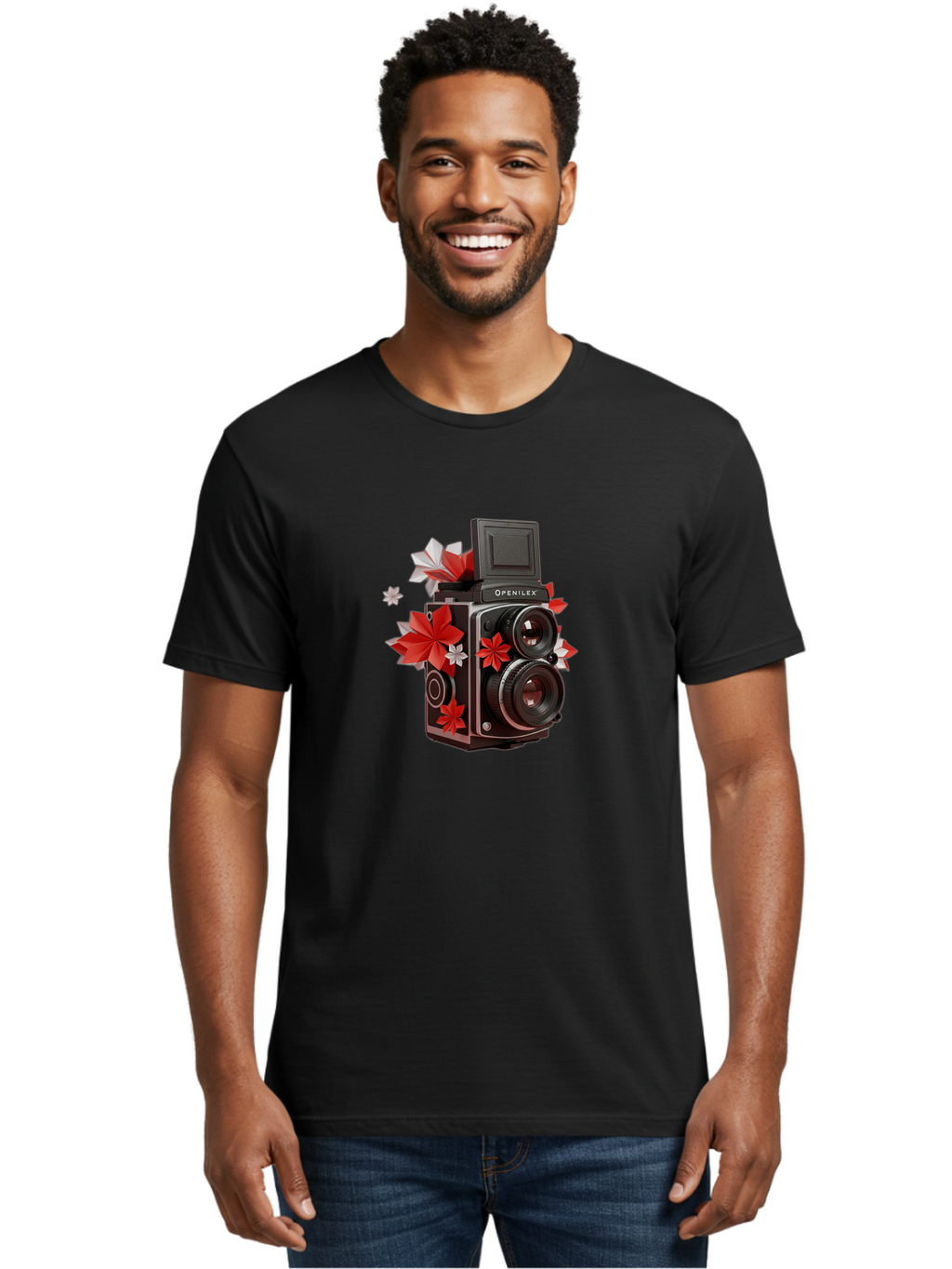 Openilex-Camera Men'S Graphic Tee, 100% Cotton, Comfortable Casual Summer Wear, Machine Washable, Vintage Camera, Retro Photography, Analog Camera, Floral Decorations, Red And White Flowers, Creative Photography, Artistic Expression, Bae572