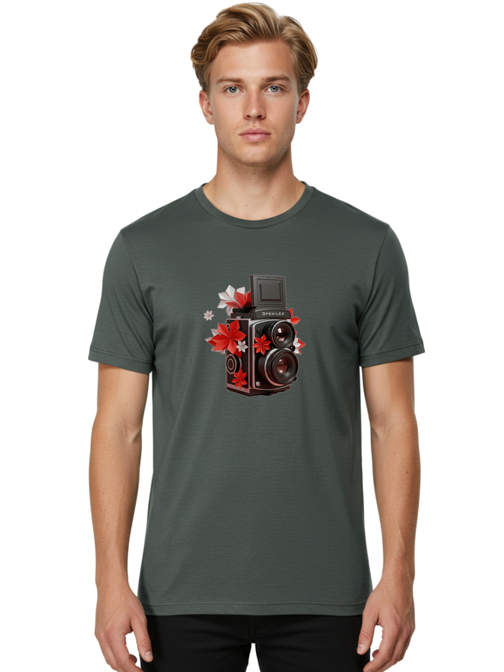 Openilex-Camera Men'S Graphic Tee, 100% Cotton, Comfortable Casual Summer Wear, Machine Washable, Vintage Camera, Retro Photography, Analog Camera, Floral Decorations, Red And White Flowers, Creative Photography, Artistic Expression, Bae572