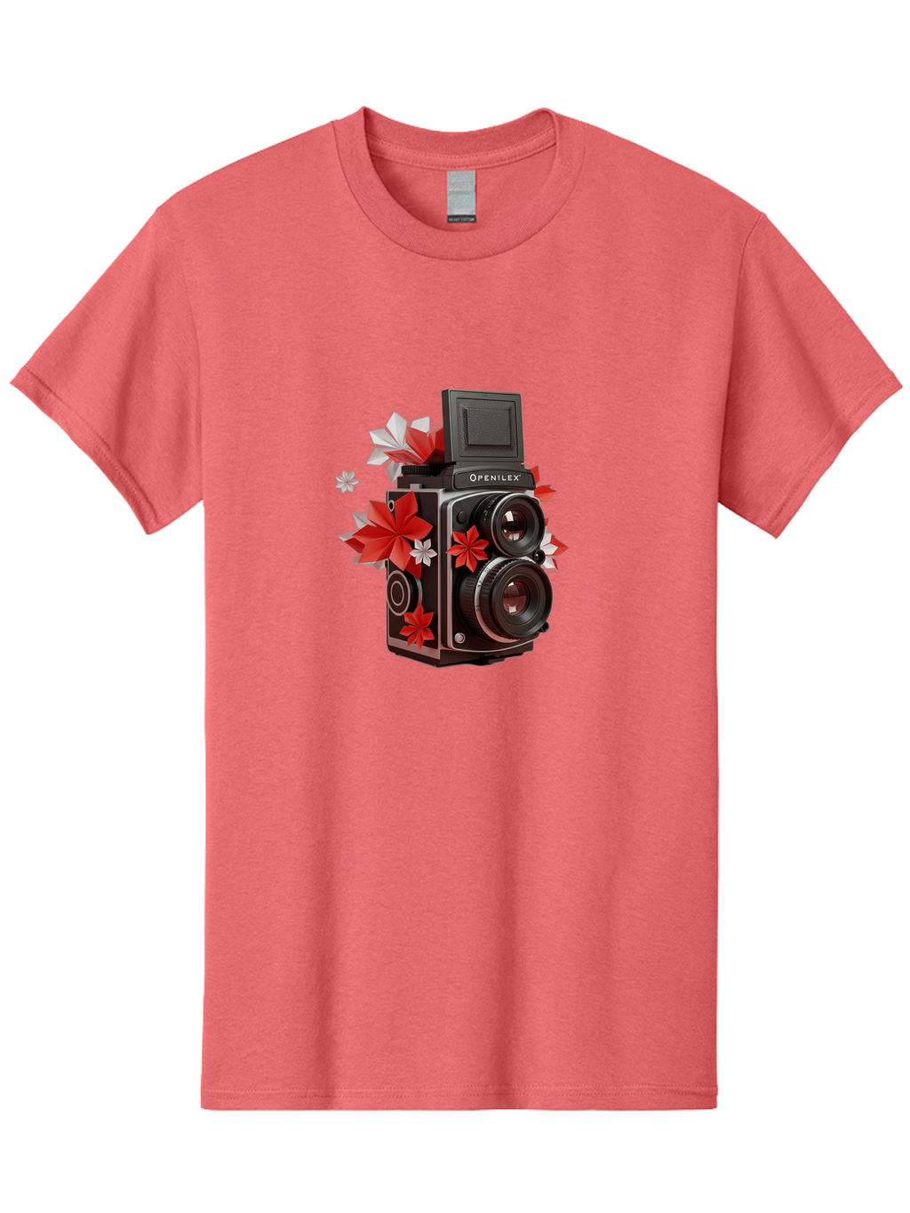 Openilex-Camera Men'S Graphic Tee, 100% Cotton, Comfortable Casual Summer Wear, Machine Washable, Vintage Camera, Retro Photography, Analog Camera, Floral Decorations, Red And White Flowers, Creative Photography, Artistic Expression, Bae572