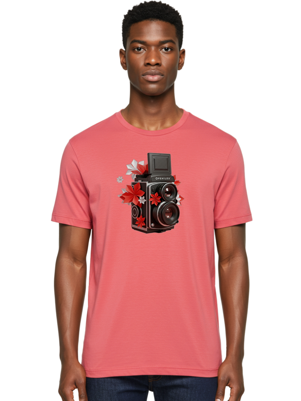 Openilex-Camera Men'S Graphic Tee, 100% Cotton, Comfortable Casual Summer Wear, Machine Washable, Vintage Camera, Retro Photography, Analog Camera, Floral Decorations, Red And White Flowers, Creative Photography, Artistic Expression, Bae572